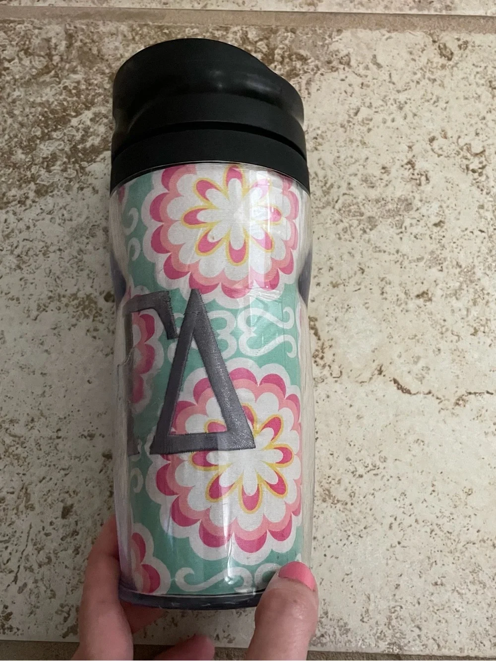 Alpha Gamma, delta, embroidered fabric  Floral Pattern Travel Mug - Pink & Aqua